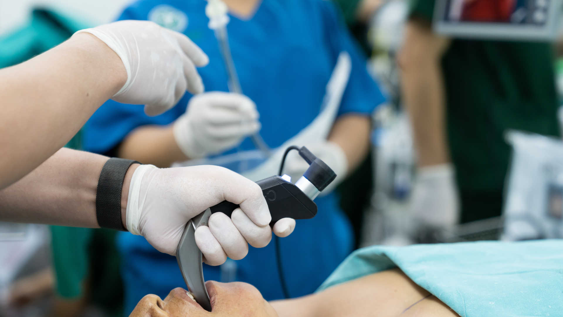 Patient being intubated with a video laryngoscope